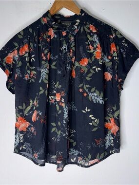 michael stars Black Floral Short Sleeve 1/2 Button Down Collar Cotton Poplin S
